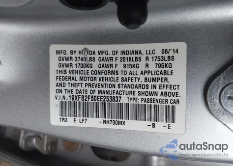 2014 Honda Civic Lx from USA, damaged, VIN 19XFB2F50EE253837